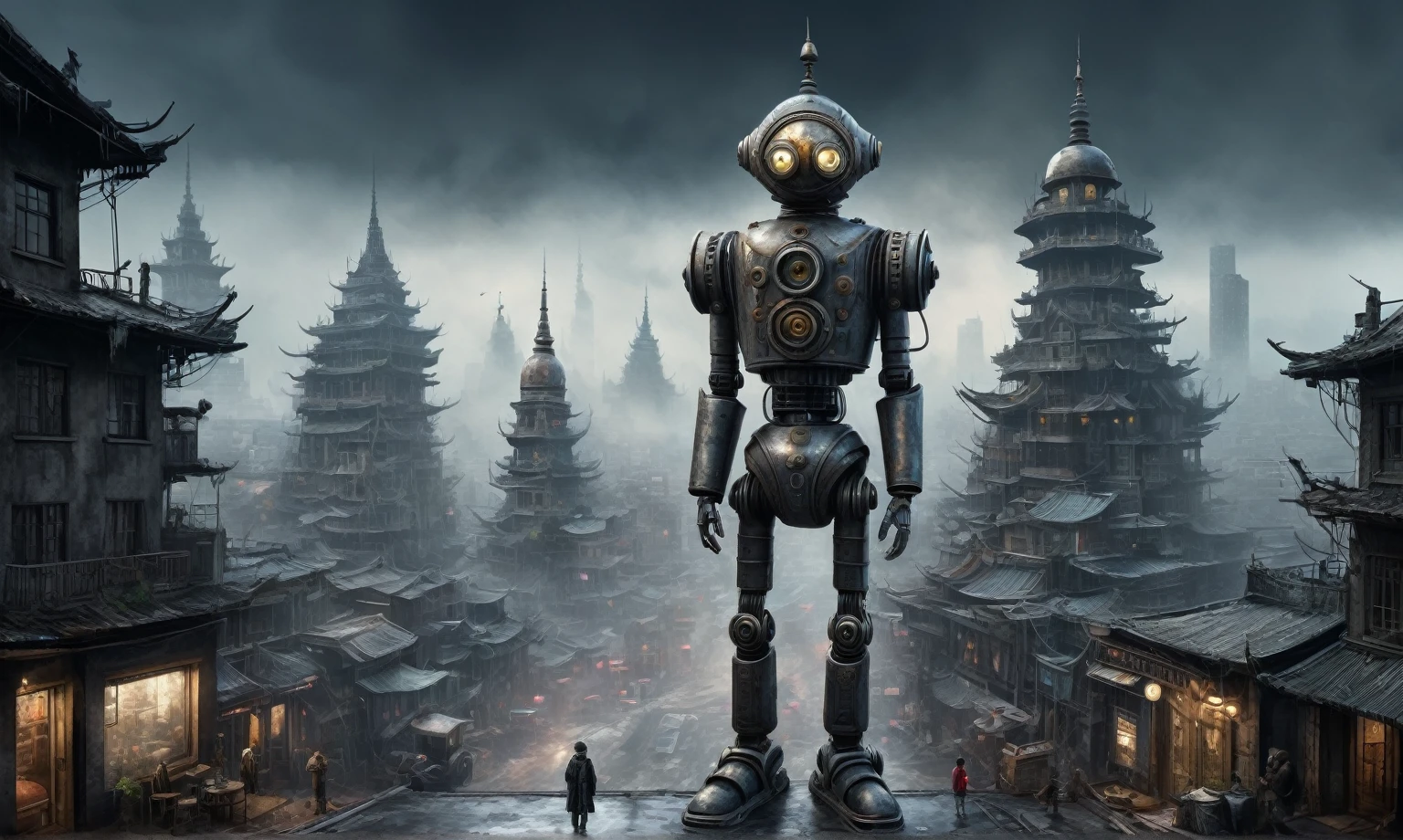 A Modern flat toon Crazy whit a Big ONE a Only Eye Robot USSR ,pinhead, camouflage Rusty, Ambient in a meteorite ,graphite witch after a psychiatric clinic,winter,intricate landscape,slate grey atmosphere,film grain,faded,eyes extremely detailed,another world,ring of truth,view from height,once pretty face,eyebrow up,full body shot,ominous landscape, Simon Stalenhag,Nicola Samori,full body shot,beggar paladium The Alien Entity,Technicolor,natural skin textures, hyper realism, hyper detailed,Extremely detailed,High contrast,Masterpiece,Realistic,Ultra Detailed, intricate details,realistic humid leather,extremly intricate,Epic Realistic, cinematic style,irina yermolova,high contrast,hdr,extremely detailed, deep night landscape,masterpiece,intricate details,faded,eyes extremely detailed, high detailed eyes,8k resolution,RAW,retina, Nikon Z9,China,Guangxi Zhuang of China,tkt style,ears perfect, transition between two art styles, Ink painting to photorealism, Double contact, X-ray, Creative, vivid light, masterpiece, fantasy, Abstract Surrealism, super detailed, high resolution, stop:35;Her skin is pale, almost translucent,ancient rock,a hot air soars through the layers of clouds, revealing a colossal and enigmatic cityscape nestled within. The buildings in this ethereal city are adorned with intricate details and exude an aura of mystery. Above the cityscape, lend an enchanting touch to the scene. steampunk. The intricate mechanics create a sense of wonder and fascination, as if stepping into a dreamlike realism