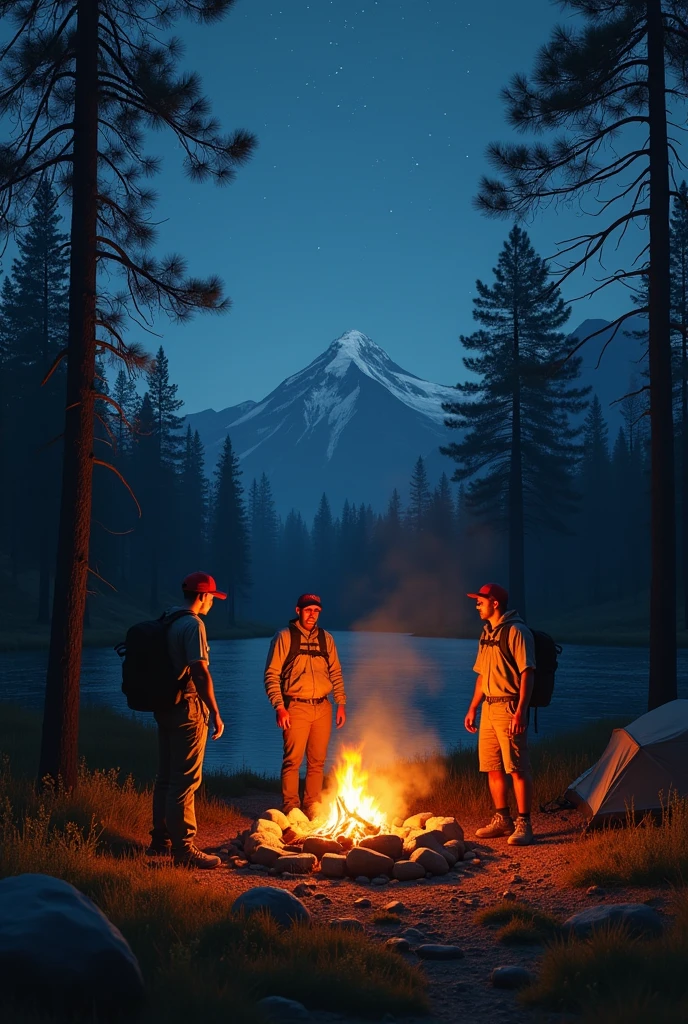 three scouts near campfire
