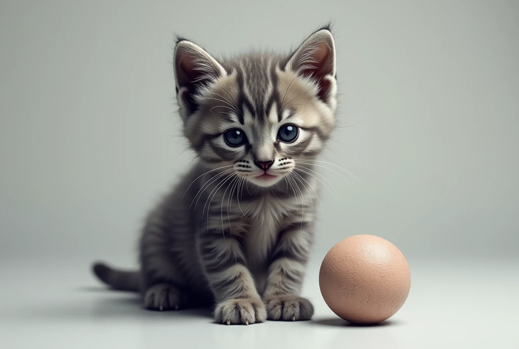 Create a photorealistic image of a gray kitten with a small ball as the background. Pay close attention to realistic details, including the kitten's fur and the texture of the small ball.