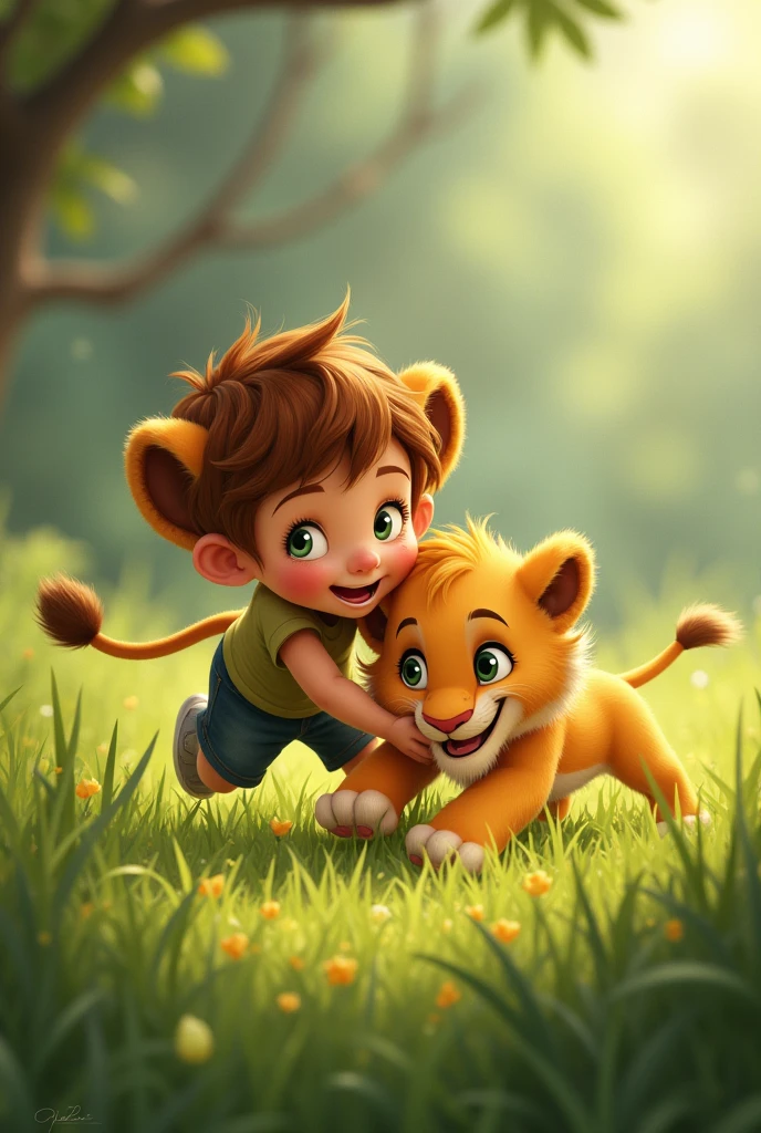 Alex and the lion cub play together, rolling in the grass and chasing each other, their laughter and playful roars filling the air."