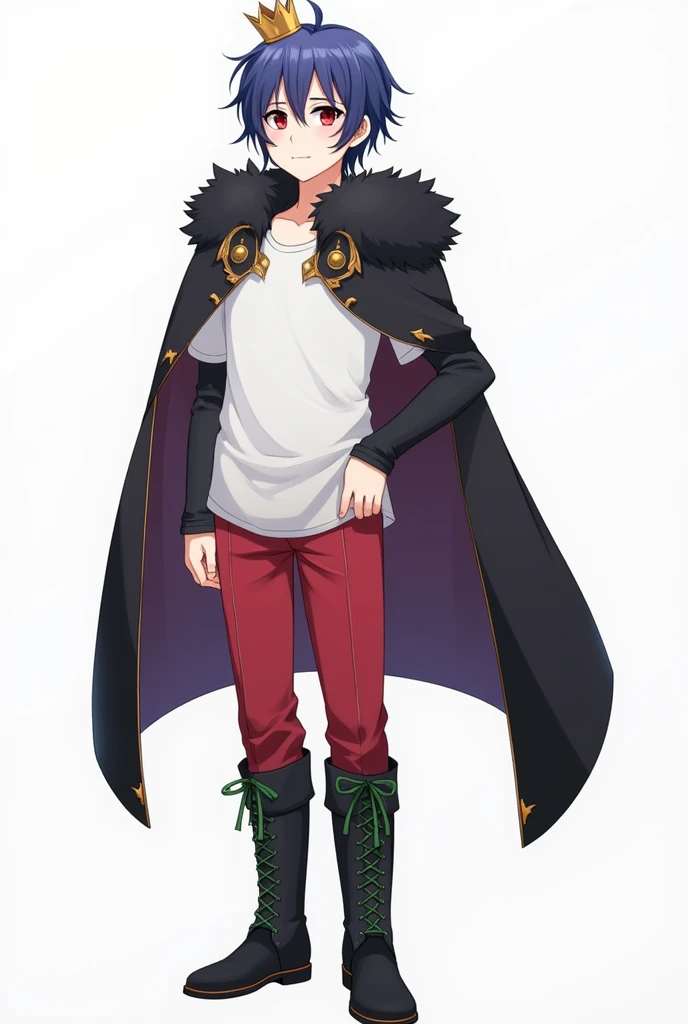 High school student male、A small, plain golden crown is worn on the upper left side of the head.、Blue-purple short hair(Sideburns、bangs)、Black fur on shoulders、One black cloak、The cape is worn without the sleeves in place、Both eyes are red、A plain white t-shirt with elbow-length sleeves、Red long sleeve trousers、black long boots(Green shoelaces)