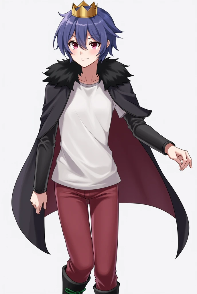 High school student male、A small, plain golden crown is worn on the upper left side of the head.、Blue-purple short hair(Sideburns、bangs)、Black fur on shoulders、One black cloak、The cape is worn without the sleeves in place、Both eyes are red、A plain white t-shirt with elbow-length sleeves、Red long sleeve trousers、black long boots(Green shoelaces)