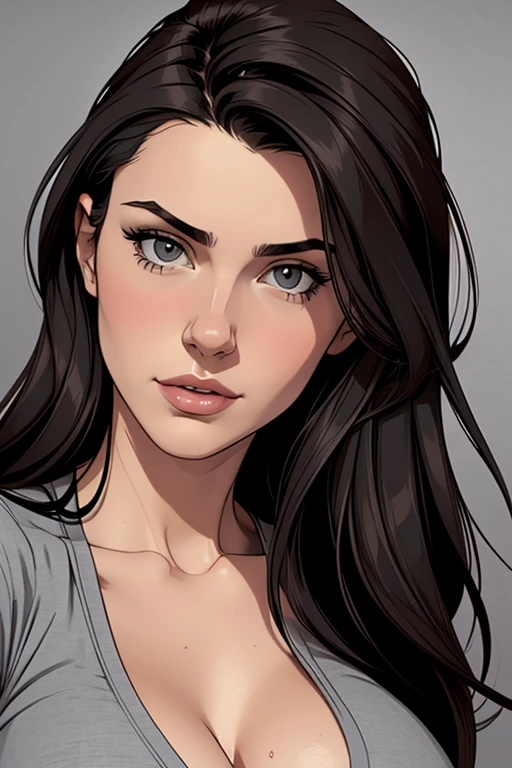 Flat colors, close up, portrait of sexy dark headed 18 year old, curious facial expression, beautiful, casual, large fake breasts, clevage,
Masterpiece, ((simply grey background))