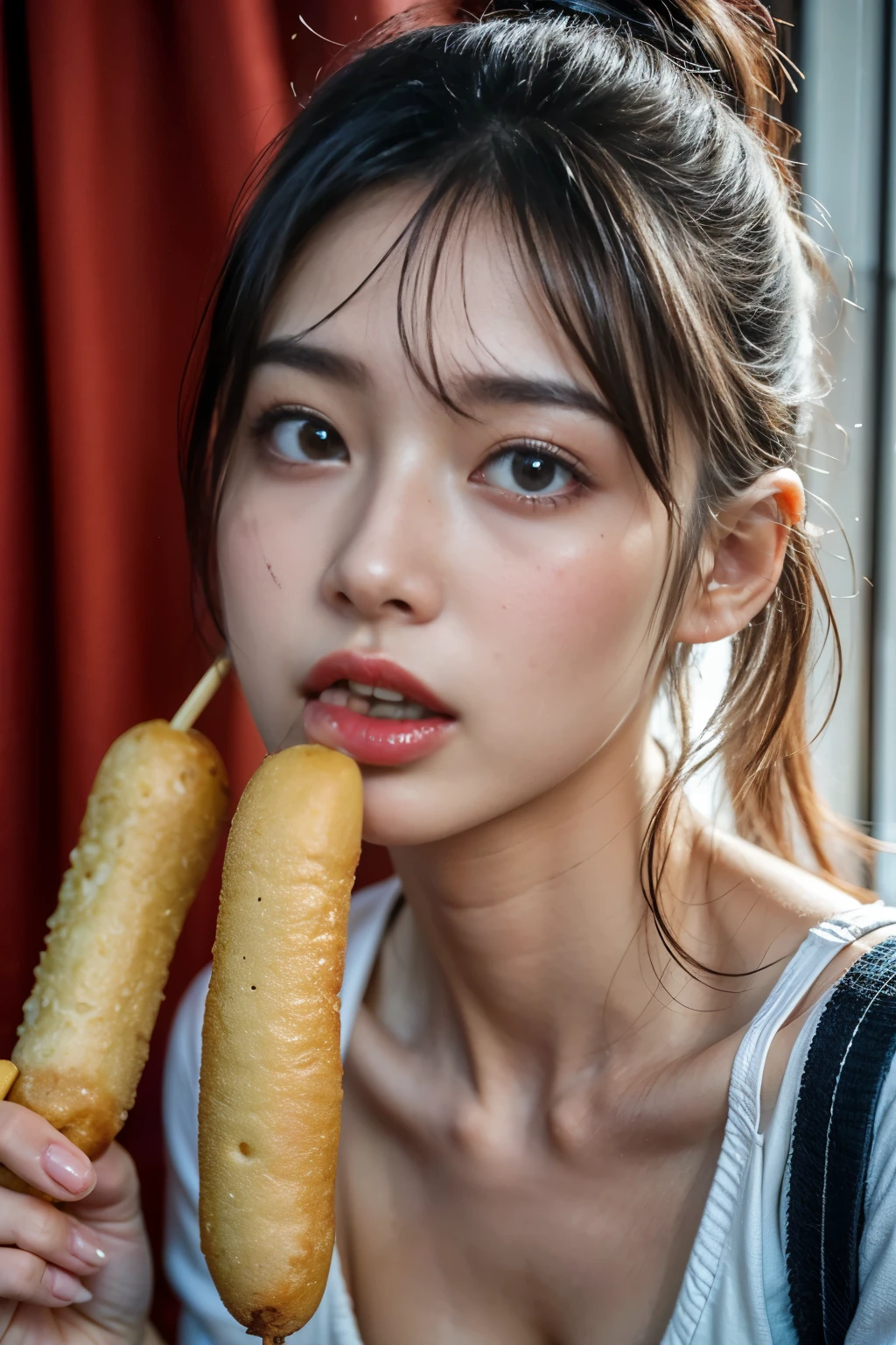 masterpiece, best quality, intricate details, extremely detailed, cinematic lighting, solo, 1girl, a yo Japanese female, (oral, blowjob, deepthroat, eating a huge corndog in hand, shovel a long corndog into mouth:1.4), dark hair, ponytail hair, cute face, extremely detailed face, beautiful detailed eyes, sophisticated nose, pale skin, fine-textured skin, sweaty, shiny skin, photo background, indoors, home,