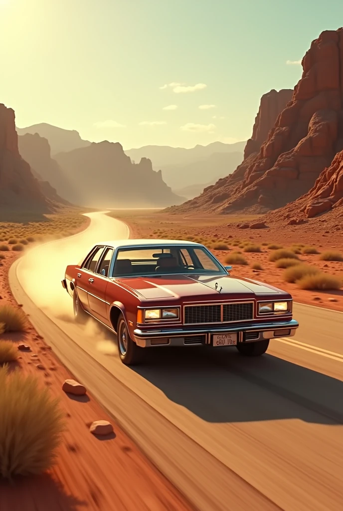 80s sedan car on desert road 




