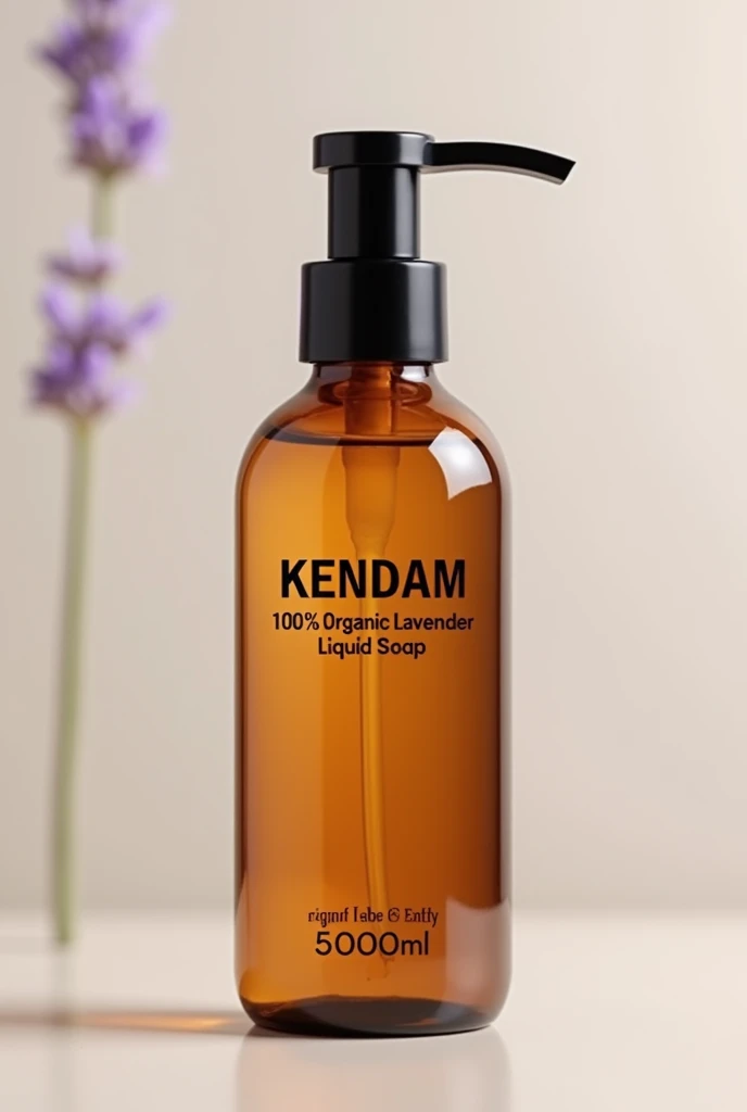 Imagine a 500 ml amber bottle  . The bottle is tall and thin, with a minimalist design. On the front of the bottle, in big black letters, the word is read "KENDAM". And say 100% Organic Lavender Liquid Hand Soap There is no other label or design on the bottle, only the amber color and the word "KENDAM". 