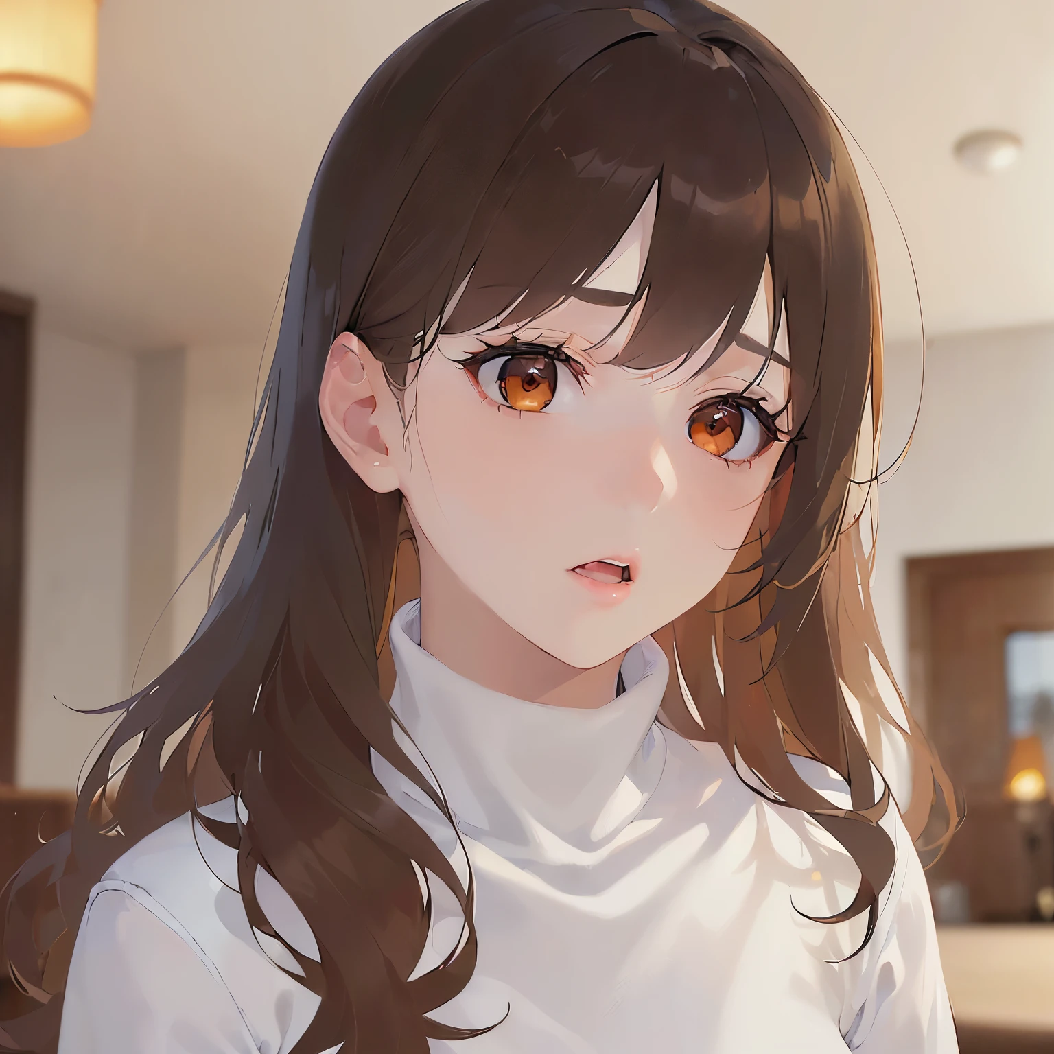 (looking away:1.5)Upper Body, Looking up、 Realistic, real person, (pale skin: 1.2), RAW photo, photorealistic, shiny skin, shiny hair、 (A 25-year-old woman with medium-length hair and bangs) and (wavy hair) and (brown hair) and (orange eyes), (White turtleneck long sleeve:1.5) frown,open mouth,The background is the living room at night