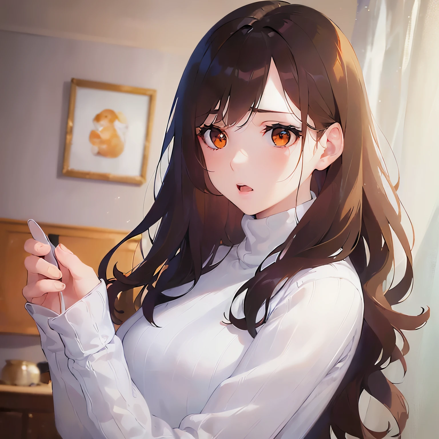 (looking away:1.5)Upper Body, Looking up、 Realistic, real person, (pale skin: 1.2), RAW photo, photorealistic, shiny skin, shiny hair、 (A 25-year-old woman with medium-length hair and bangs) and (wavy hair) and (brown hair) and (orange eyes), (White turtleneck long sleeve:1.5) frown,open mouth,The background is the living room at night