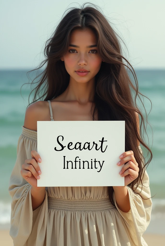 Beautiful girl with wavy long hair, bohemian dress, holding a white board with text "I Love Seaart Infinity" and showing it to the viewer