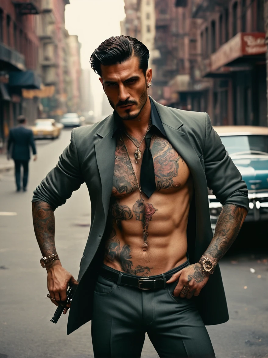 create an image of a handsome Italian man, good looking, elegant, brutal, fierce, intimidating, dressed in italian mafia style, taking off his shirt, has tattoos, standing holding a gun, smoking a cigarette. there is a mafia corpse on the ground in front. standing in the middle of a street in new york. 70's movie style, vintage color film