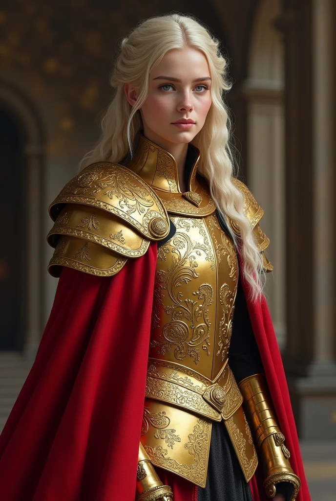 Young Lannister woman with blonde hair and blue eyes wearing a dress with golden armor and a red cape 