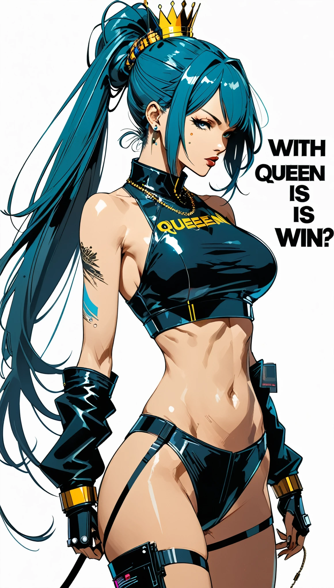 (with the text:"queen is win?":1.4),in style of ashley wood,in style of Hans Hartung,in style of Carne Griffiths
1 girl,character concept design,incredibly long hair,high tied Ponytail,gravure_pose,cyberpunk,(hip-hop style costumes:1.5),big breasts