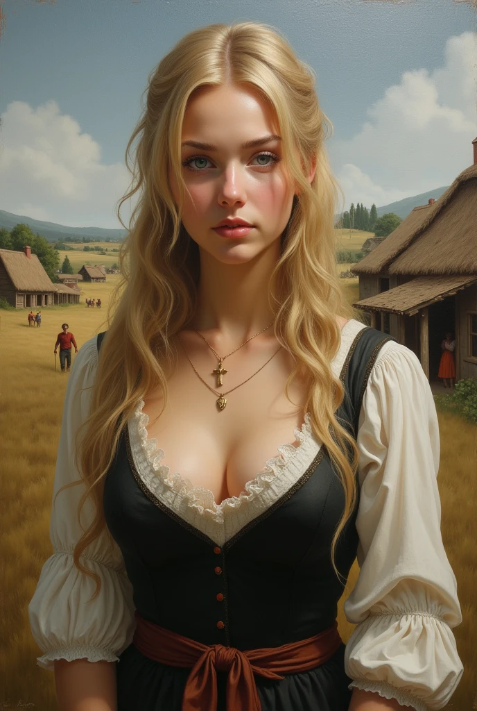 masterpiece,  a painting of Guinwen by Crvgg, Guinwen as a young maid, 8k, 1 girl, realistic oil painting, pretty face, Face of Guinwen, beautifully detailed eyes, muito detalhado, blond hair, blonde hair, gray eyes, visible waist, large breasts, huge breasts, full cleavage, Hairline, in the background a medieval farming village, Farmers in the background, Peasant dress, fully clothed, Mediovale, Portrait, Fields in the background, small farmhouses, full body, oil painting,  nipples showing, 