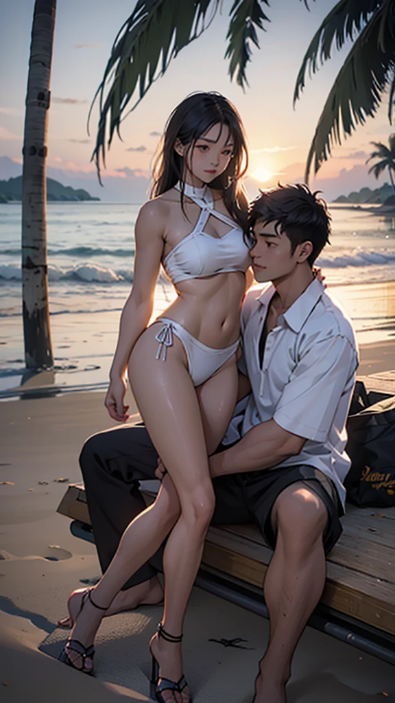 A young couple is sitting on the beach and romancing. The woman is wearing short sexy clothes her big hips. Coconut trees are nearby. It is evening.