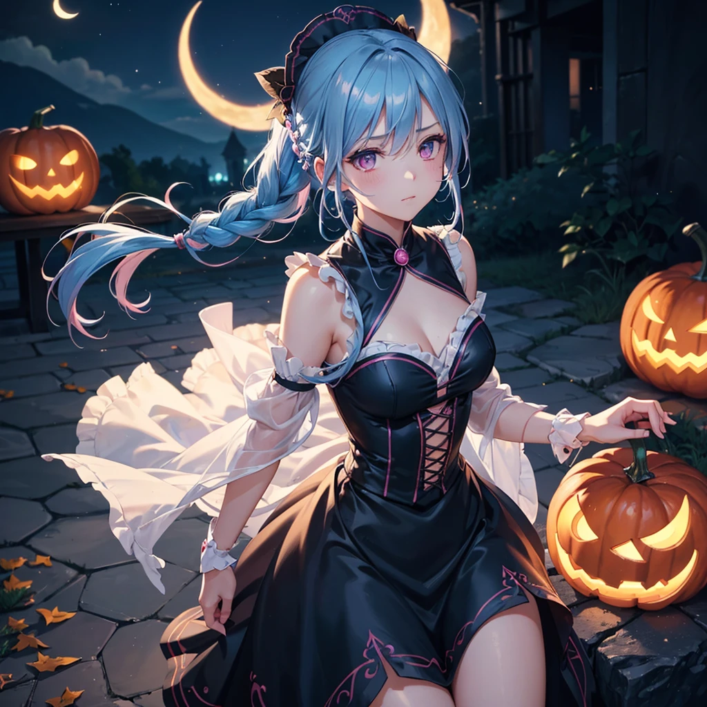 (Sky Blue Hair),(Braided medium hair), (Pink Eyes),Fair skin) ,(whole body),(One Girl),(Crescent Moon),(There are many pumpkin ghosts in the background),(If you don't give me sweets, I'll be mischievous.),Halloween Night Party),(masterpiece, Highest quality, Very detailed, Best Shadow), (Detailed Background), (Beautifully detailed face), High Contrast, (Best lighting, Very delicate and beautiful), ((Cinematic Light)), Hyper Detail,8k, Dramatic Light, Intricate details,Witch's Clothes,Magic broom,night,Bats flying in the background,