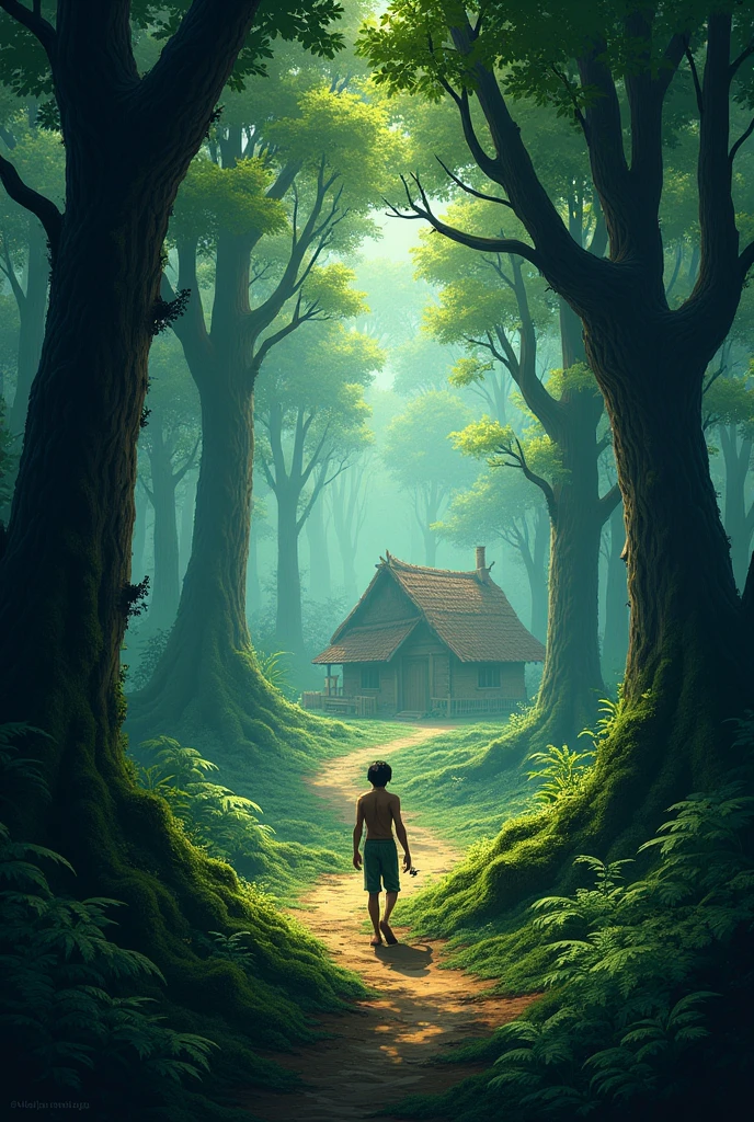 be the village where Raju lives and the dense forest nearby. What does the forest look like? How do the villagers feel about it?