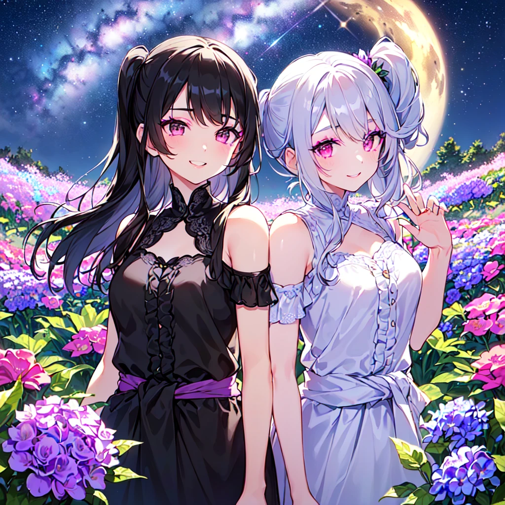 masterpiece, best quality, high quality, extremely detailed, very delicate and beautiful, (3female 18 years old Three:1.5), (long black hair up to waist with two-side up:1.5), bangs to eyebrows, eyes (long black hair up to the waist with two side up: 1.5), (bangs up to the eyebrows), eyes are sharp, strong and glossy, eyebrows are glossy, (eye color magenta: 1.3), 6.5 head tall, (witch fashion: 1.3), knee socks, lace, frills, (makeup: 1.3), (smiling), (standing), (raising her hands to invoke magic), (dynamic pose), (group shot 1.3), (summer flower garden:1.3), , (Milky Way Night Sky:1.3), (upper body:1.3)