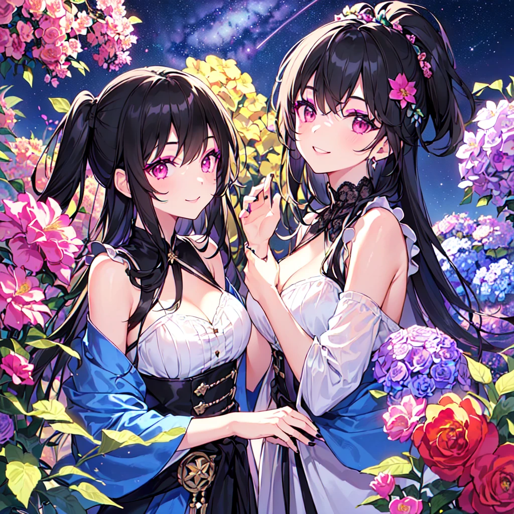 masterpiece, best quality, high quality, extremely detailed, very delicate and beautiful, (3female 18 years old Three:1.5), (long black hair up to waist with two-side up:1.5), bangs to eyebrows, eyes (long black hair up to the waist with two side up: 1.5), (bangs up to the eyebrows), eyes are sharp, strong and glossy, eyebrows are glossy, (eye color magenta: 1.3), 6.5 head tall, (witch fashion: 1.3), knee socks, lace, frills, (makeup: 1.3), (smiling), (standing), (raising her hands to invoke magic), (dynamic pose), (group shot 1.3), (summer flower garden:1.3), , (Milky Way Night Sky:1.3), (upper body:1.3)