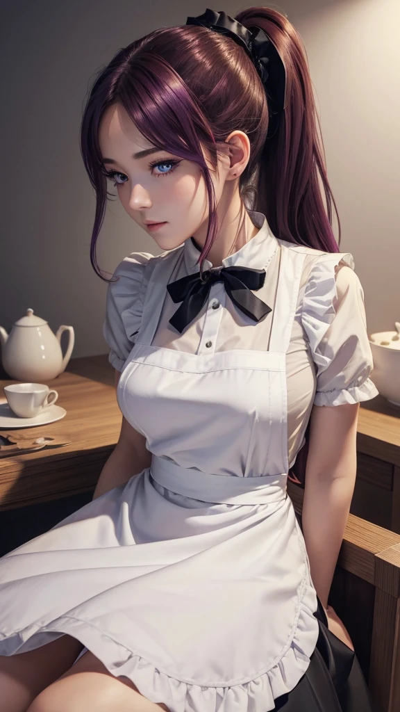 masterpiece,(best quality, illustration,detailed face:1.3),(1girl,solo:1.3),beautiful detailed eyes,  apron, gradient_background, gradient, maid, purple eyes,red hair,small breasts,, BREAK, enmaided, white_apron, black_dress, ponytail, black_footwear, frilled_apron, dress, maid_apron, alternate_hair,very long hair, split_ponytail, halo 