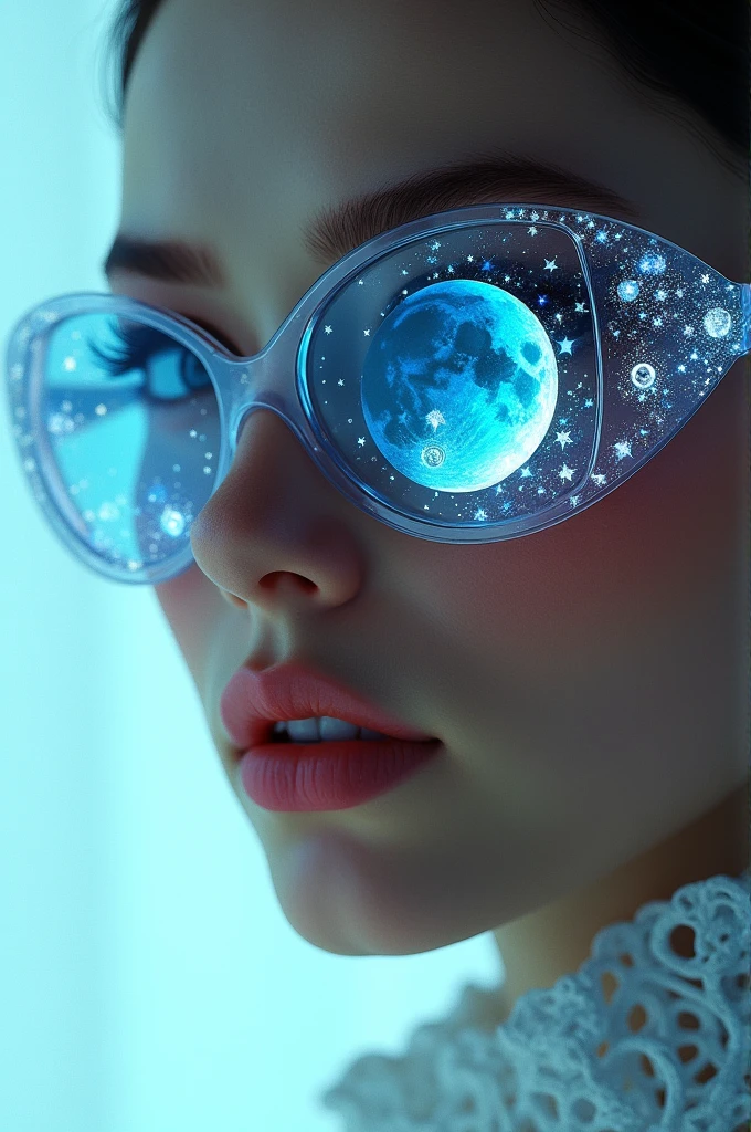 The model is wearing glass sunglasses with stars and the moon on the glass