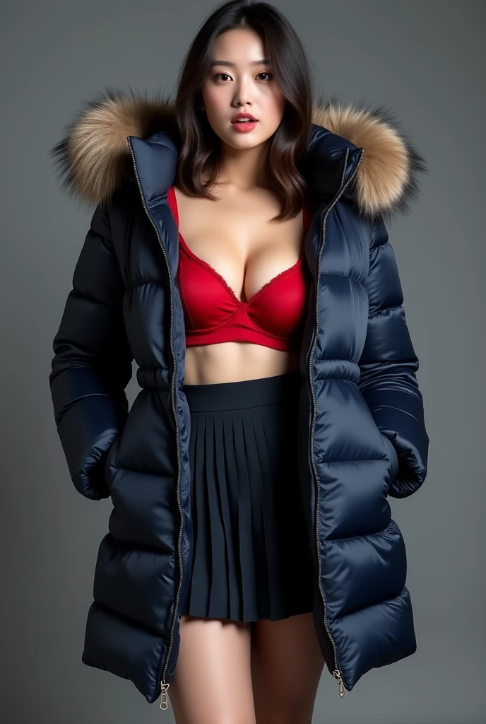 ((best quality)), ((masterpiece)), (detailed), perfect face, beautiful Chinese  woman, silk tight navy blue moncler puffer coat, seductive,  aroused, mouth open, ahegao, curvy figure, ((tight puffer coat)), fur hood,red silk bra, large breasts, (open coat), cleavage, thick bra straps, photograph, shiny coat, satin, soft to the touch, pleated short silk skirt, silk tights