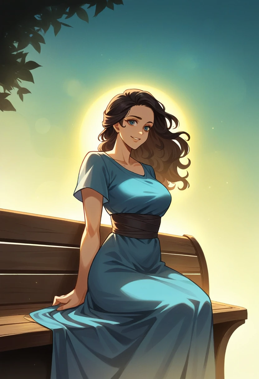 A 52-year-old mother and her daughter, with curly hair, happy smiling teenage girl sitting on a dark wooden bench, work of art, extremely detaild, ((cinematic lighting)), (Ablaze), ((dramatic lighting)), ((beautiful detailed glowing)), intricate-detail, Lens flare, dark brown hair for the 23-year-old girl and black hair with light gray strands for the 52-year-old mother, long hair, black strap dress with beige hem for the mother and blue wrap dress with short sleeves for the daughter, arms behind the back, breasts big, [curved], drlight smile, eyes browns, searchlight, light background with some plants, floating hair, floating hair, gazing at viewer,((colorfully))