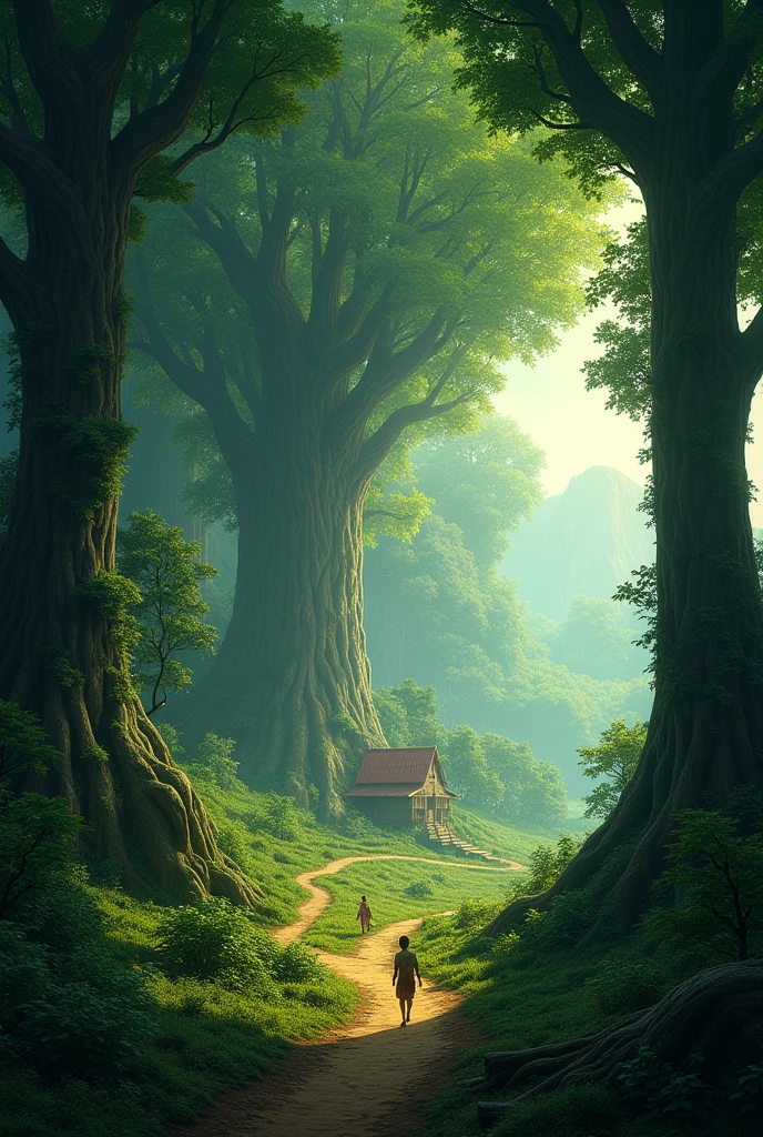 be the village where Raju lives and the dense forest nearby. What does the forest look like? How do the villagers feel about it?