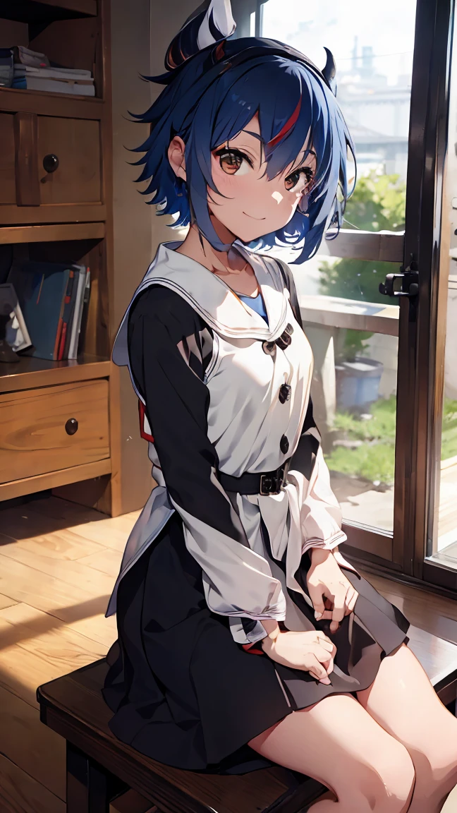 masterpiece, Highest quality, High resolution, Very detailed,(((Mikoto Naruka))), (((white ground)))、(((electric wire)))、(((smile)))、(((Sitting far away))), (((black long sleeve dress。))), , torii, blue sky