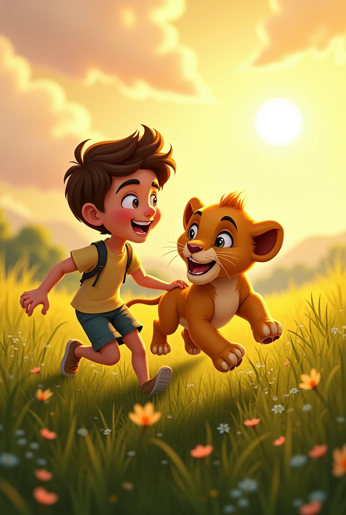 Alex and the lion cub play together, rolling in the grass and chasing each other, their laughter and playful roars filling the air."
 



As the sun sets, Alex and the lion cub sit side by side, watching the sky turn shades of orange and pink, sharing a quiet moment."
