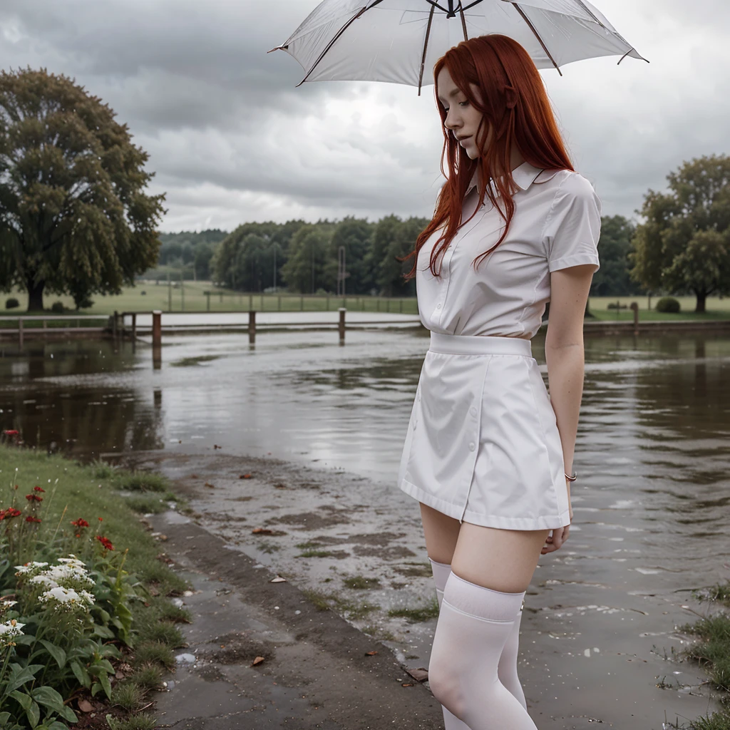 Slender red hair beauty in a miniskirt and white stockings in rainy weather with heavy gray clouds на обрыве перед океаном