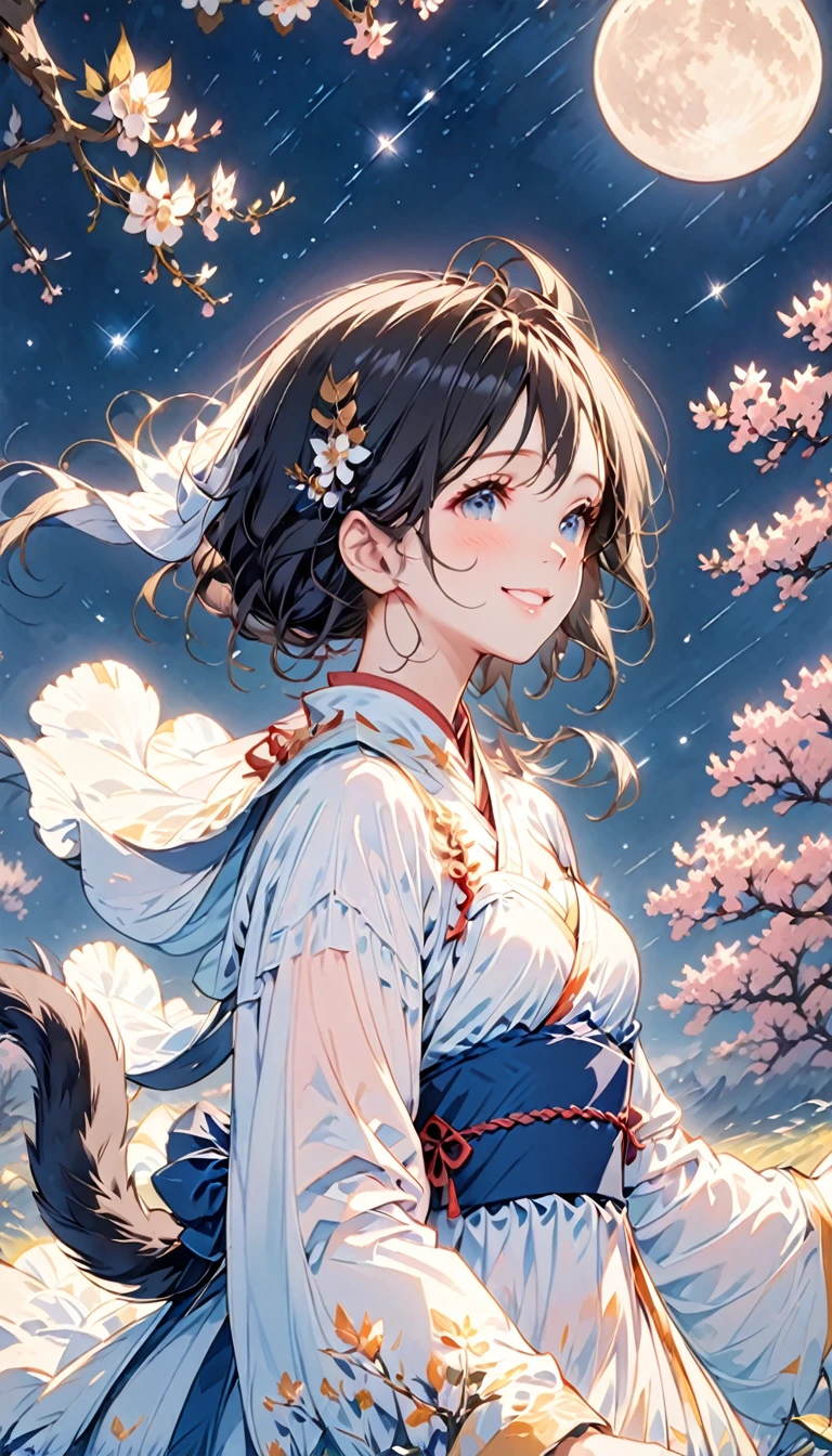 Silhouette of a girl in ancient costume,As beautiful and shining as the starry sky.
When I look up, The Milky Way is straight above my head, Altair and Vega on the other side are brighter,As if in sync.
Tonight is Chinese Valentine's Day.
Lovers are happy to meet each other、Happy days.
Clear lines, best quality, high resolution,(masterpiece, best quality:1.2), Cute girl,Black Hair,Double tail,Smile,A bright moon hangs in the night sky