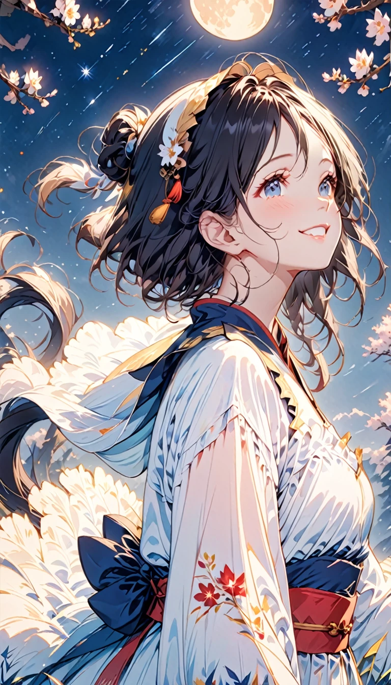 Silhouette of a girl in ancient costume，As beautiful and shining as the starry sky.
When I look up, The Milky Way is straight above my head, Altair and Vega on the other side are brighter，As if in sync.
Tonight is Chinese Valentine&#39;s Day.
Lovers are happy to meet each other、Happy days.
Clear lines, best quality, high resolution,(masterpiece, best quality:1.2), Cute girl，Black Hair，Double tail，Smile，A bright moon hangs in the night sky