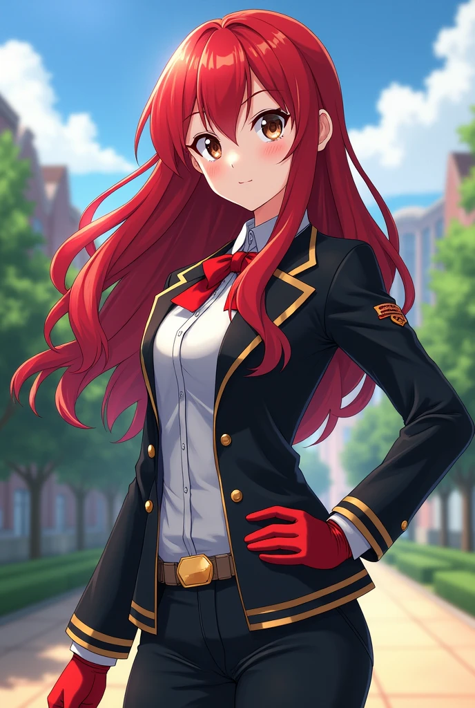 You can create an image of a character from my hero academia with those characteristics: a woman, long red hair, brown eyes, average height and a good body, and a student.
