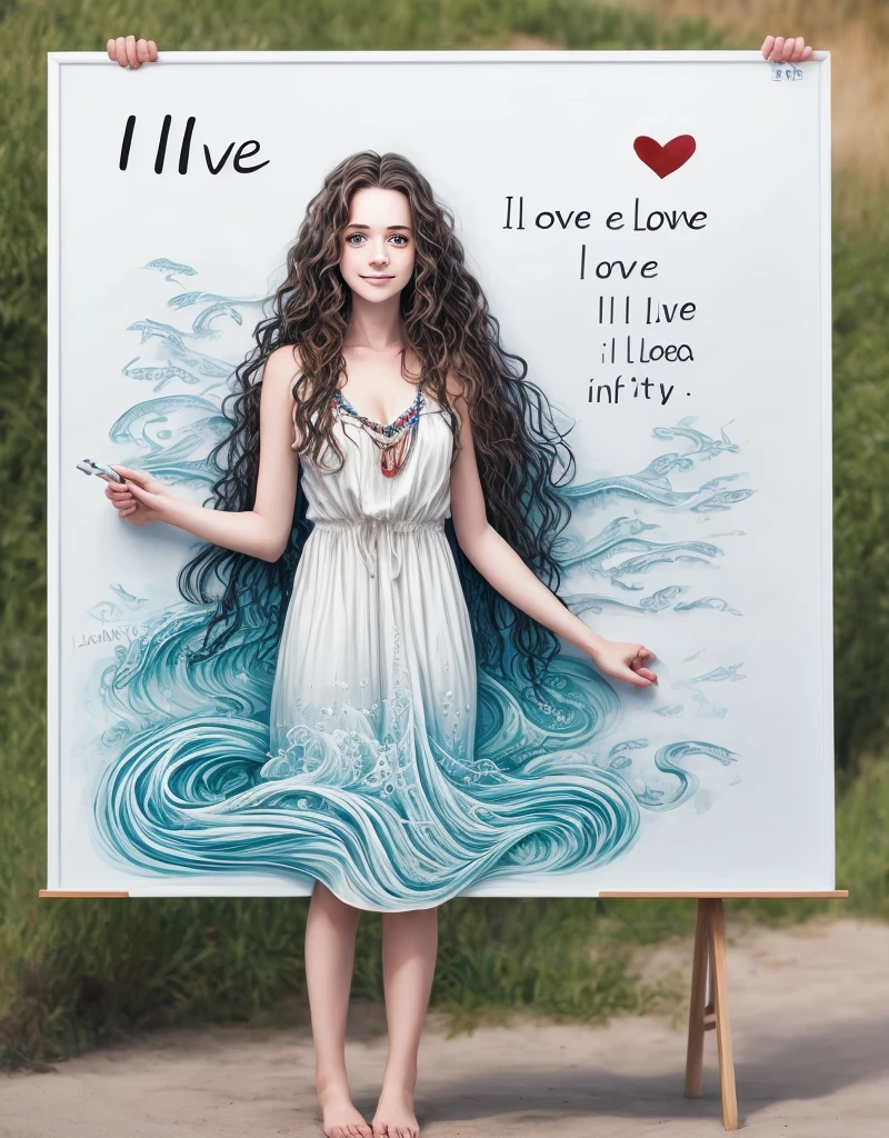 Beautiful girl with wavy long hair, bohemian dress, holding a white board with text "I Love Seaart Infinity" and showing it to the viewer