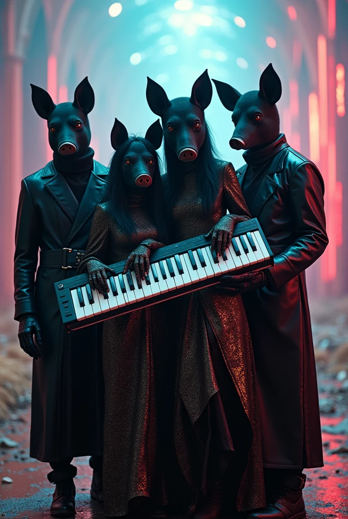 A group photo of 4 people in a band, taking a fashion photo with their faces as black pigs, dressed in fancy costumes, traveling through dimensions, holding a keyboard, looking modern and cool.