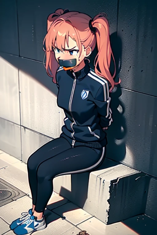 ((1 girl)), ((twin tails)), (sexy),  ((simple_background)), ((concrete floor, concrete wall)), ((underground room)), ((arms behind back)), ((scowl)), ((sitting on the knees)), ((tape gag)),  ((helpless)), ((calm)), ((struggling)), (blue tracksuit,tracksuit,tights pants, long black pants)