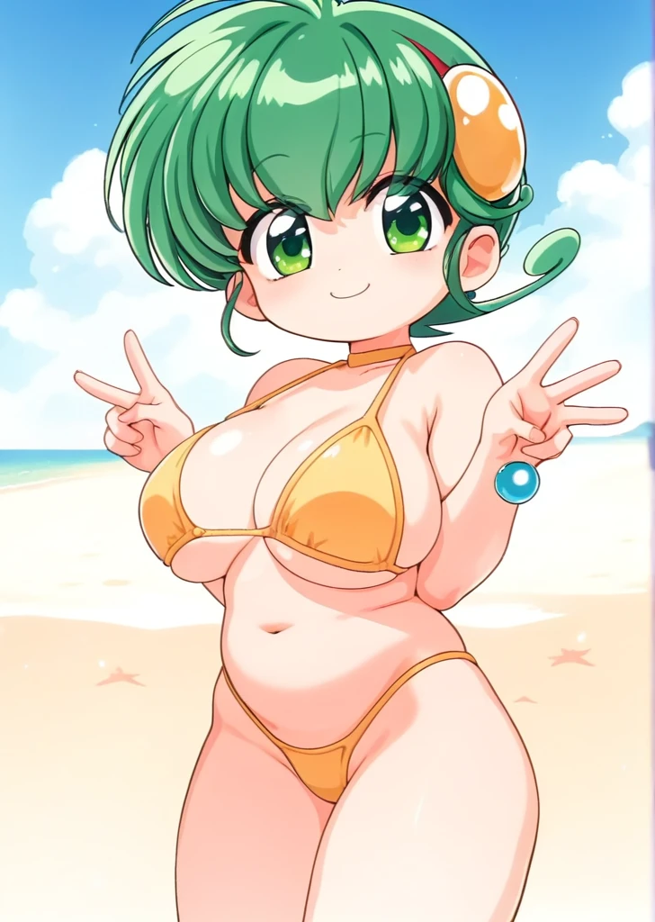 Hiiragi Rokuna, 4K, Huge breasts, (Young face:1.2), (smile:1.3), Chubby,full body,cowboy shot,ultra sexy triangle thong Bikini/Green color,nfsw,beach,