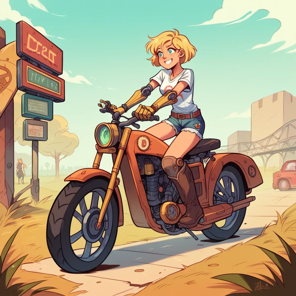 steampunk, forested future planet, busy alien market, 1 girl, traveling on off-road bike, blonde short bob, smiling, mechanized arm, wearing white t-shirt, distressed denim shorts, engineer boots, riding off-road bike.