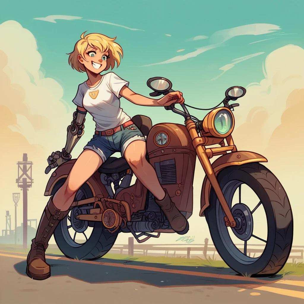 steampunk, forested future planet, busy alien market, 1 girl, traveling on off-road bike, blonde short bob, smiling, mechanized arm, wearing white t-shirt, distressed denim shorts, engineer boots, riding off-road bike.