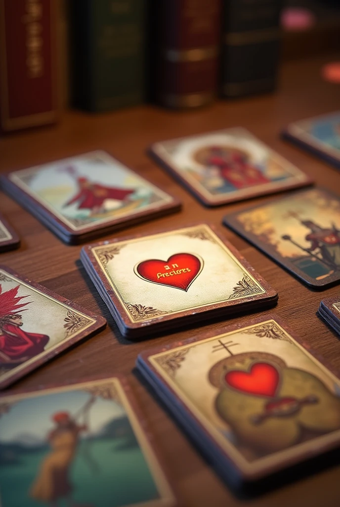 (best quality, high resolution, 水彩plentiful scattered cards game on table, one of them with text "Heart of the cards, guide me!"
