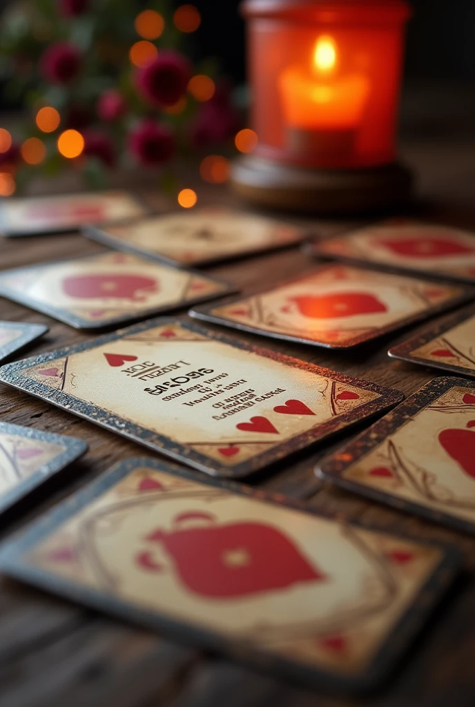 (best quality, high resolution, 水彩plentiful scattered cards game on table, one of them with text "Heart of the cards, guide me!"