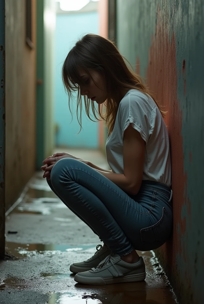 (A teen girl) (peeing, urgently) (Realistic) (peeing in a corner of an alleyway) (pants is pulled do) (squatting down) (pee stains)