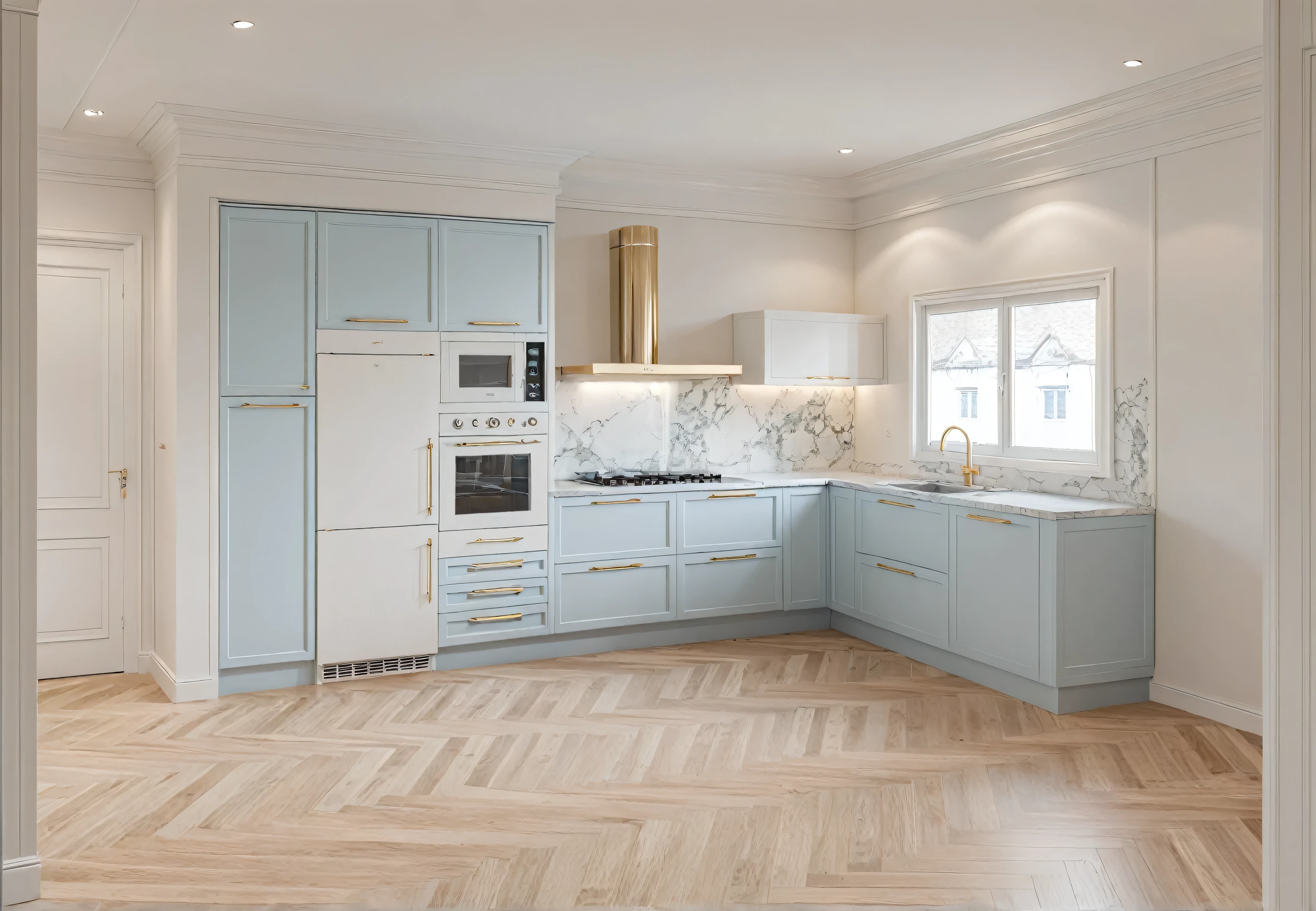 Neo classic kitchen interior, white tone, wooden floor, ceiling light, light blue and white cabinet, and flower, marble wall, many moldings, wall lamp,window, natural light, fridge