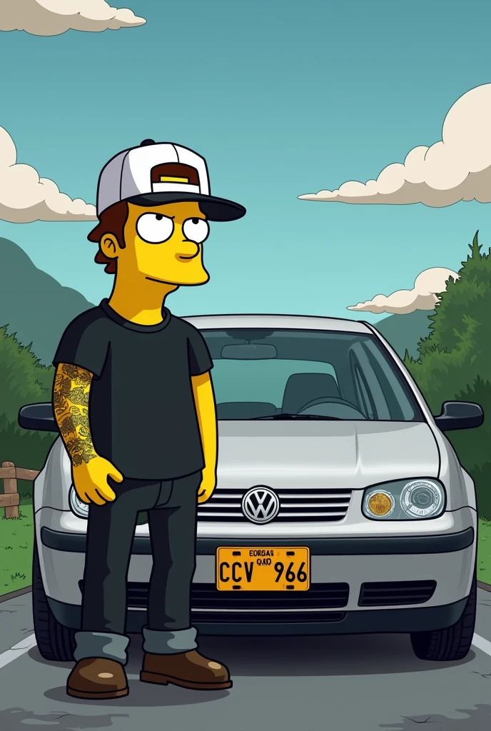 Simpsons poster young beardless man dressed in black with a white Volkswagen cap with only his left arm tattooed and in the background a silver-gray Volkswagen Jetta Jetta mk4 bora a4 2003 model with black rims, black emblem and black mirrors and with a yellow Colombian license plate CVV976 Simpsons background Wide background 