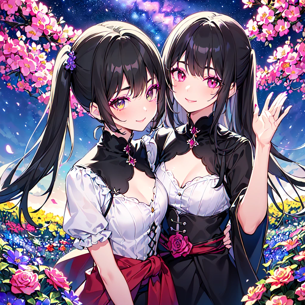 masterpiece, best quality, high quality, extremely detailed, very delicate and beautiful, (3female 18 years old Three:1.5), (long black hair up to waist with two-side up:1.5), bangs to eyebrows, eyes (long black hair up to the waist with two side up: 1.5), (bangs up to the eyebrows), eyes are sharp, strong and glossy, eyebrows are glossy, (eye color magenta: 1.3), 6.5 head tall, (witch fashion: 1.3), knee socks, lace, frills, (makeup: 1.3), (smiling), (standing), (raising her hands to invoke magic), (dynamic pose), (group shot 1.3), (summer flower garden:1.3), , (Milky Way Night Sky:1.3), (upper body:1.3)