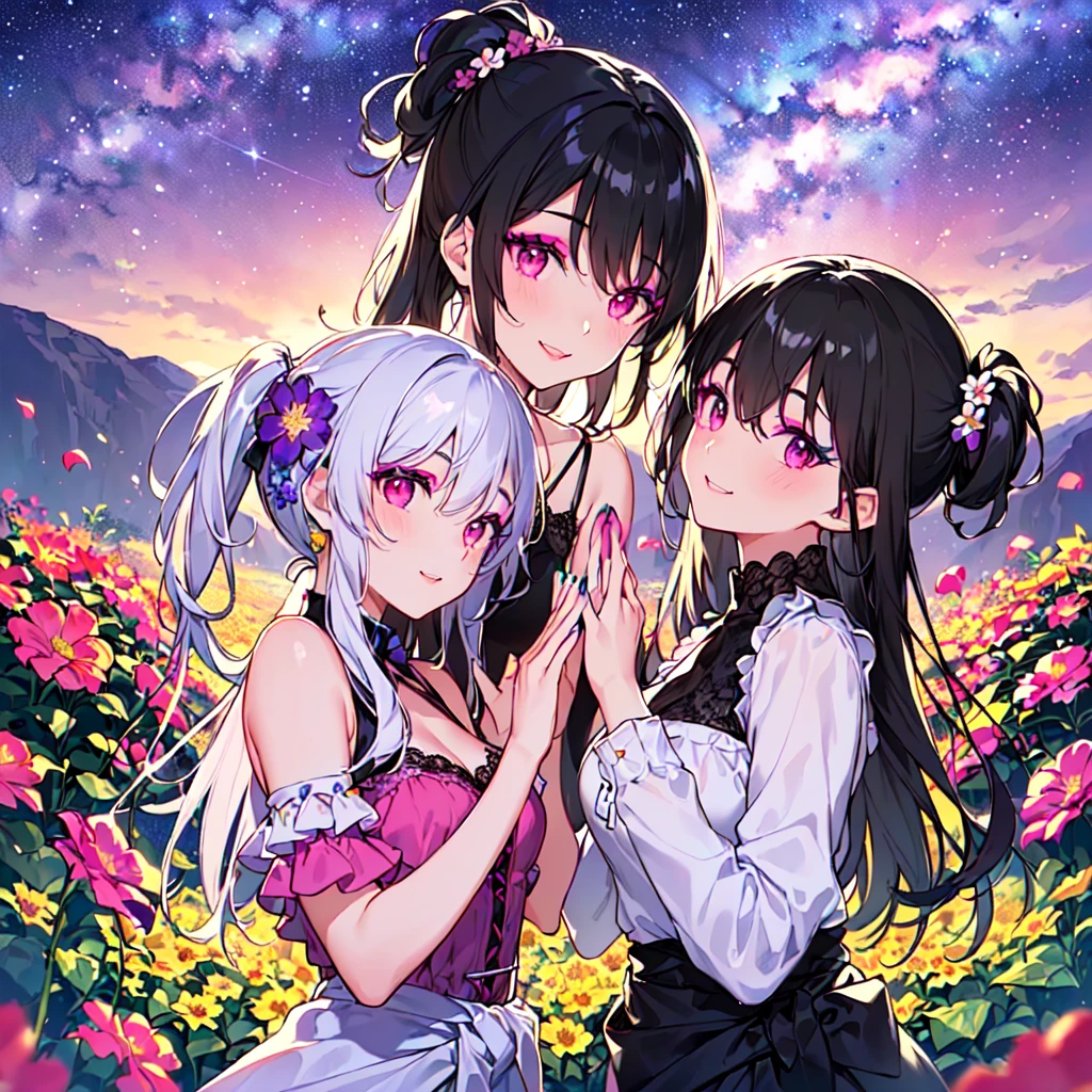 masterpiece, best quality, high quality, extremely detailed, very delicate and beautiful, (3female 18 years old Three:1.5), (long black hair up to waist with two-side up:1.5), bangs to eyebrows, eyes (long black hair up to the waist with two side up: 1.5), (bangs up to the eyebrows), eyes are sharp, strong and glossy, eyebrows are glossy, (eye color magenta: 1.3), 6.5 head tall, (witch fashion: 1.3), knee socks, lace, frills, (makeup: 1.3), (smiling), (standing), (raising her hands to invoke magic), (dynamic pose), (group shot 1.3), (summer flower garden:1.3), , (Milky Way Night Sky:1.3), (upper body:1.3)