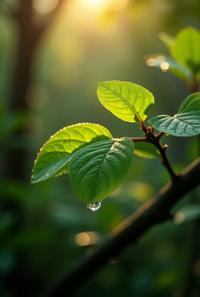 small tree leaves in a heavy jungle in a morning sunshine, water drop