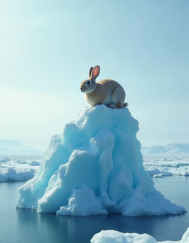 A vast iceberg with a significantly large rabbit gracefully perched on top, providing a sense of warmth in the cold, expansive landscape. The rabbit's fur contrasts against the icy blue surroundings, symbolizing the lone source of warmth and life in the frigid environment.