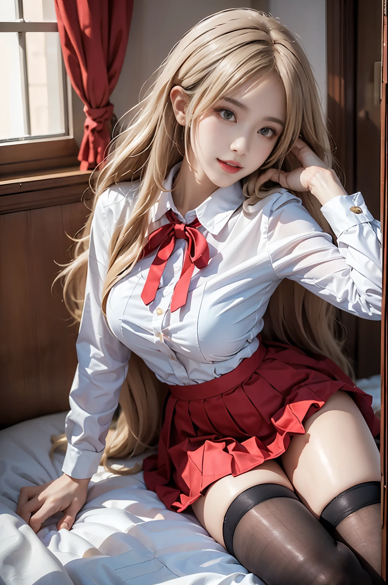 soul lover, 1girl,cosplay, 独奏,school uniform,
very long hair, parted bangs,blonde hair,
red neck ribbon,white collared shirt,long sleeves, red pleated skirt, black thighhighs, loafers, (best quality, masterpiece:1.2), tianfeng1, Extremely detailed, (Practical:1.37), beautiful, youth, Glamorous model, Warm colors, ((A full body perspective,Naturally bent knees,Skin is firm and smooth)), ((In the old-fashioned room,Sitting on a low bed,Lean back,Support your body with your elbows)), ((Elegant and natural posture)), (big eyes, Delicate eyes, Delicate lips, Delicate eyes), Available in white with floral pattern, Show a bright smile, fit, Full breasts, ((Big breasts)), Long legs, Create a stunning picture of a girl enjoying her sleep