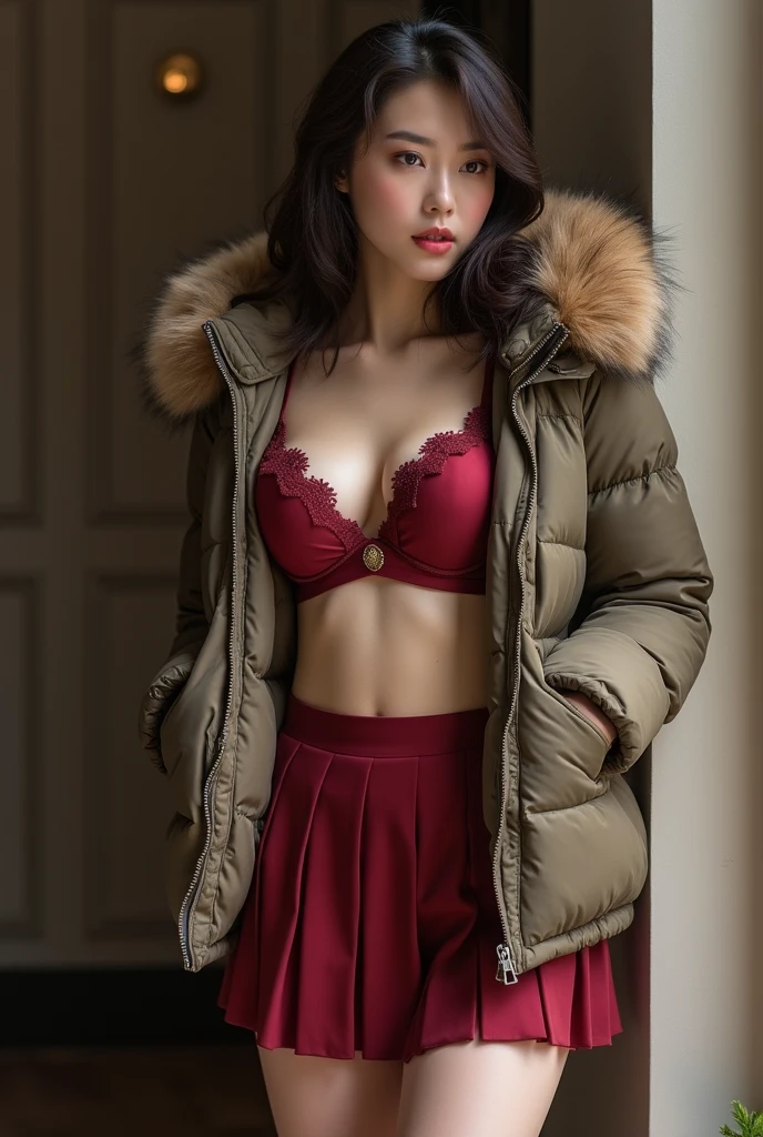 ((best quality)), ((masterpiece)), (detailed), perfect face, beautiful Chinese  woman, silk tight  moncler puffer coat, seductive,  aroused, curvy figure, ((tight puffer coat)), fur hood, silk bra, large breasts, (open coat), cleavage, thick bra straps, photograph, shiny coat, satin, soft to the touch, pleated short silk skirt, silk tights